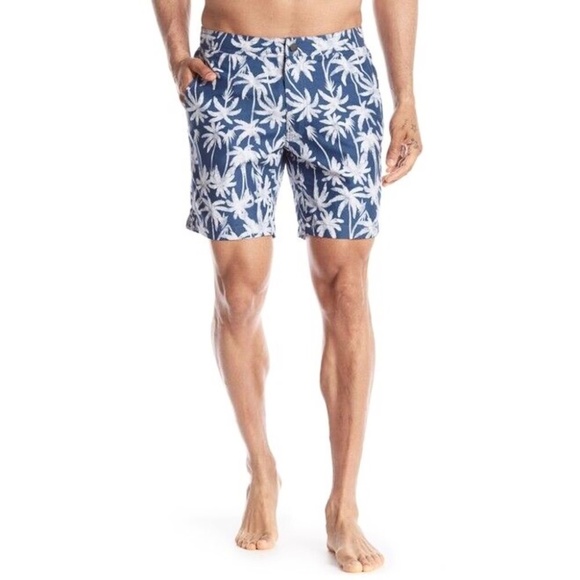 NWT ✨ONIA✨ 7.5" Calder Swim Trunks in Ensign Blue Palm Print Sz M, XL